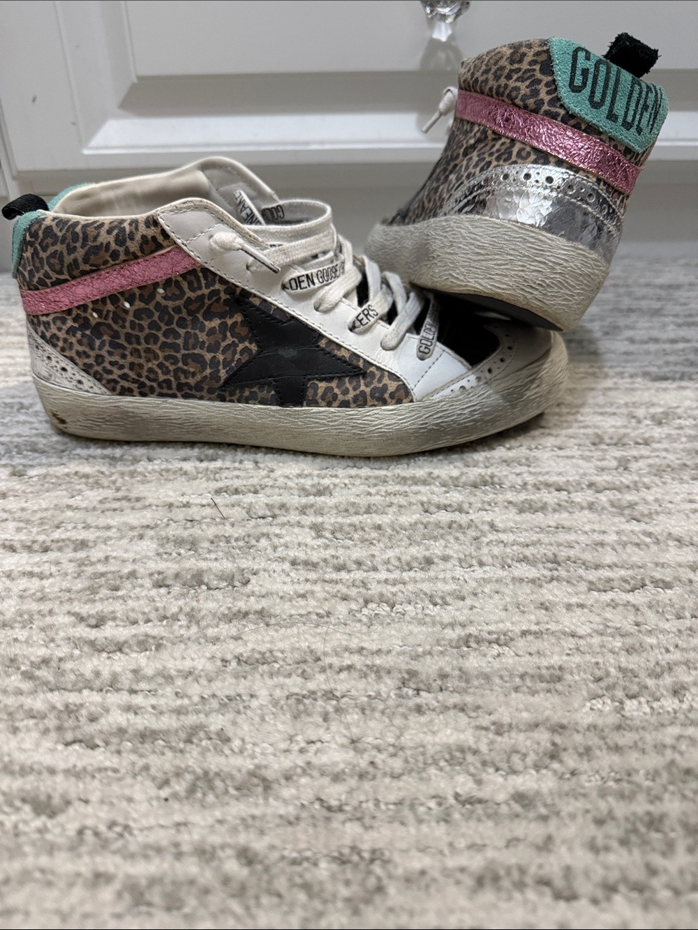 Golden Goose Midstar Leopard Print Sneakers with Pink & Teal Accents sz 36